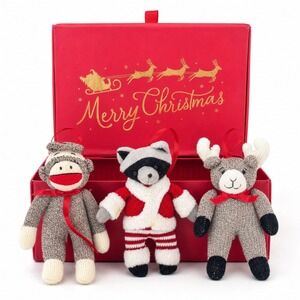 Midwest Cannon Falls Knit Christmas Ornaments Sock Monkey Moose Raccoon Lot of 3